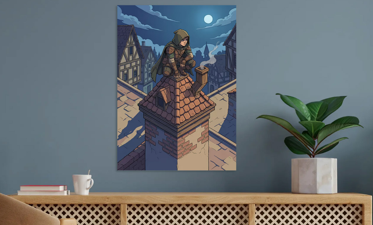 Rooftop Vigil in a Medieval City — metal poster wall art by Lineer